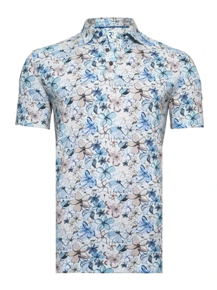 R2 Blue Beige Flower Cotton Linen Polo