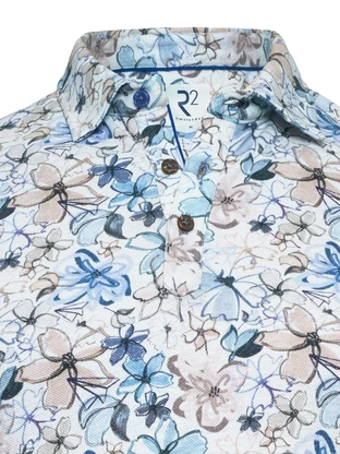 R2 Blue Beige Flower Cotton Linen Polo