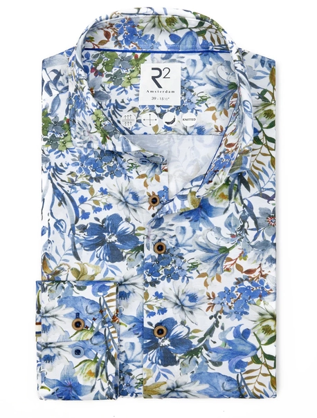 R2 Blue flower print on cotton linen knitted