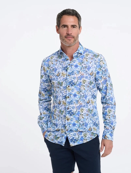 R2 Blue flower print on cotton linen knitted
